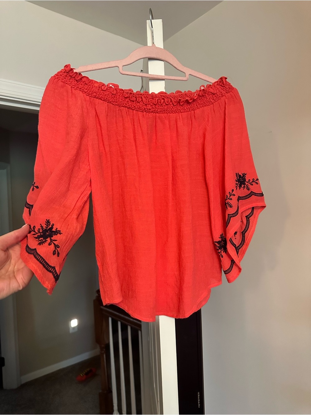 Women's Off-Shoulder Embroidered Peasant Top - Coral